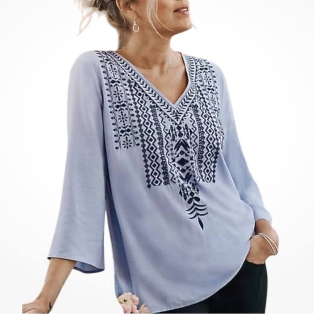 J. Jill Light Blue Blouse Navy Embroidery Lightweight Peasant Top Tunic Size XLP